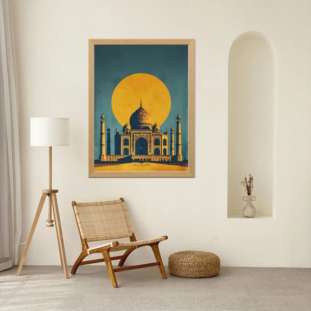 Taj Mahal Sunset Wall Art – 4x2 ft Modern India Monument Canvas | Minimal Retro Style Architecture Artwork | Made in India