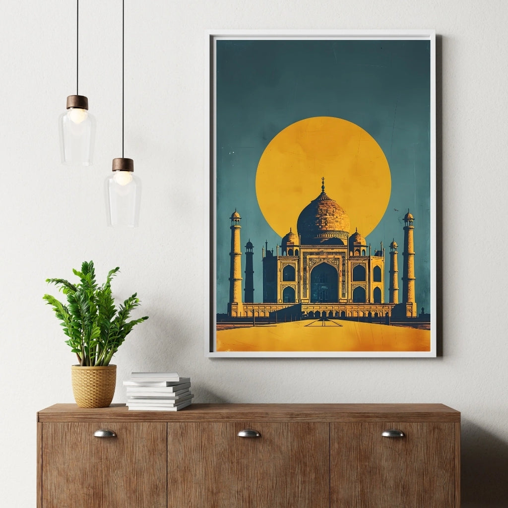 Taj Mahal Sunset Wall Art – 4x2 ft Modern India Monument Canvas | Minimal Retro Style Architecture Artwork | Made in India