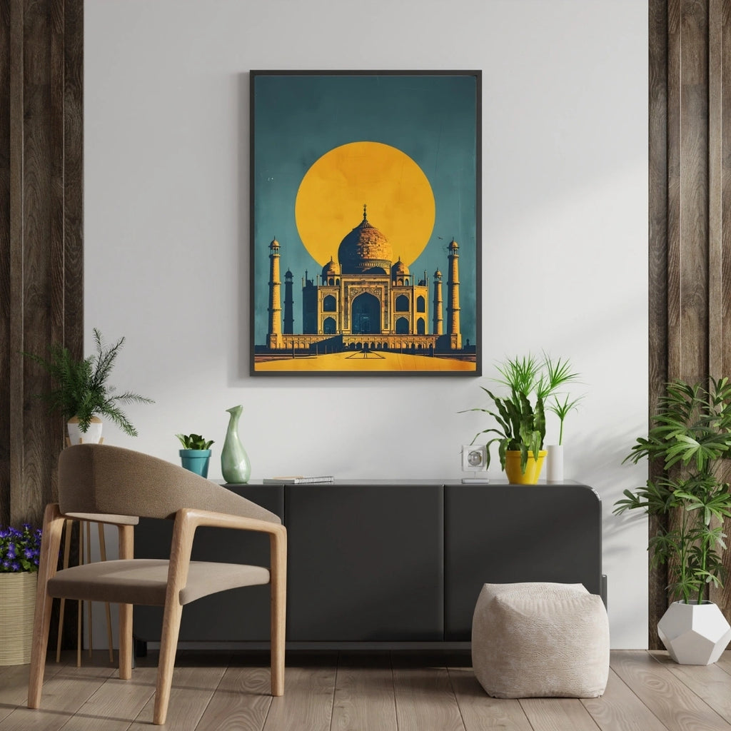 Taj Mahal Sunset Wall Art – 4x2 ft Modern India Monument Canvas | Minimal Retro Style Architecture Artwork | Made in India