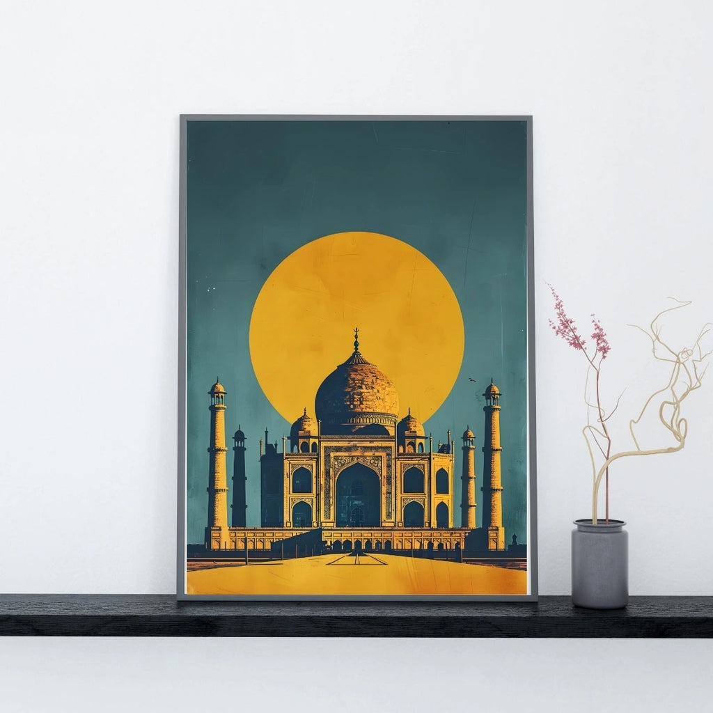 Taj Mahal Sunset Wall Art – 4x2 ft Modern India Monument Canvas | Minimal Retro Style Architecture Artwork | Made in India