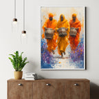 Traditional Drummers Wall Art – 4x2 ft Vibrant Indian Folk Music Canvas | Orange Saffron Cultural Painting | Made in India