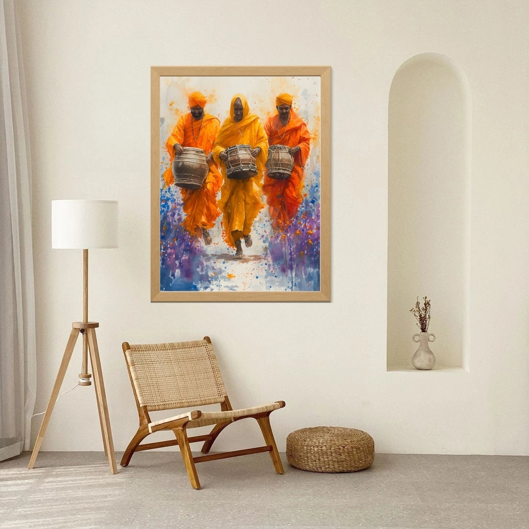 Traditional Drummers Wall Art – 4x2 ft Vibrant Indian Folk Music Canvas | Orange Saffron Cultural Painting | Made in India