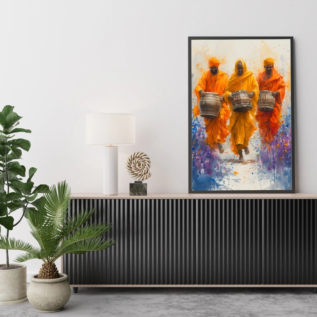 Traditional Drummers Wall Art – 4x2 ft Vibrant Indian Folk Music Canvas | Orange Saffron Cultural Painting | Made in India