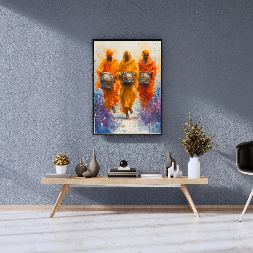 Traditional Drummers Wall Art – 4x2 ft Vibrant Indian Folk Music Canvas | Orange Saffron Cultural Painting | Made in India