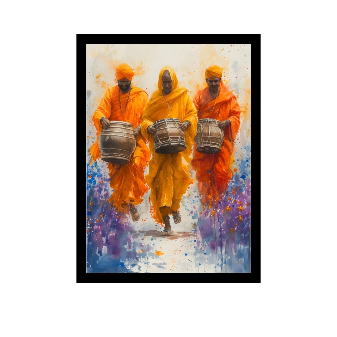 Traditional Drummers Wall Art – 4x2 ft Vibrant Indian Folk Music Canvas | Orange Saffron Cultural Painting | Made in India