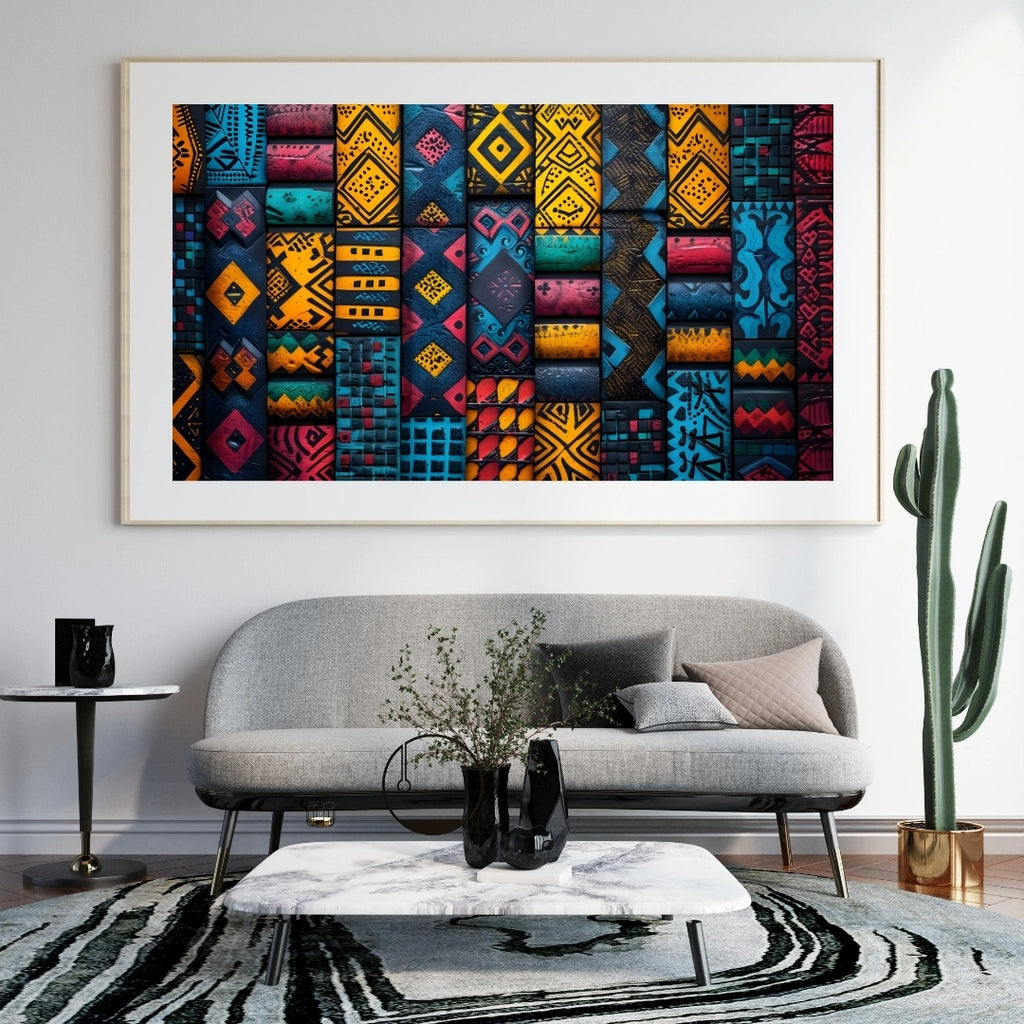 Tribal Geometric Pattern Wall Art – 2x4 ft Vibrant Abstract Canvas | Ethnic Boho Motif Design | Made in India