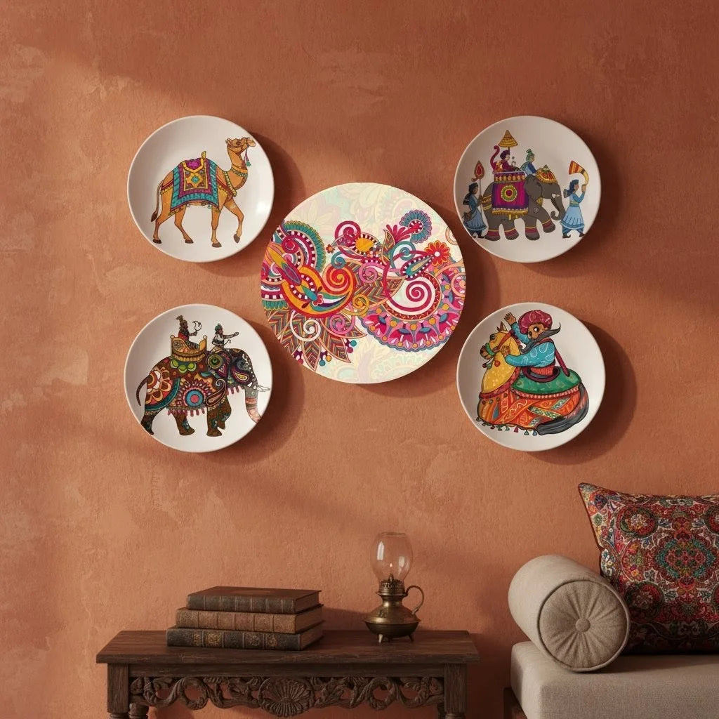 Vibrant Rajasthani Folk Art Wall Plate Set of 5 | Traditional Indian Home Decor