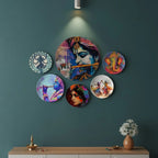 Vibrant Pop Art Ganesha & Krishna Wall Plate Set of 5 | Contemporary Indian Devotional Decor