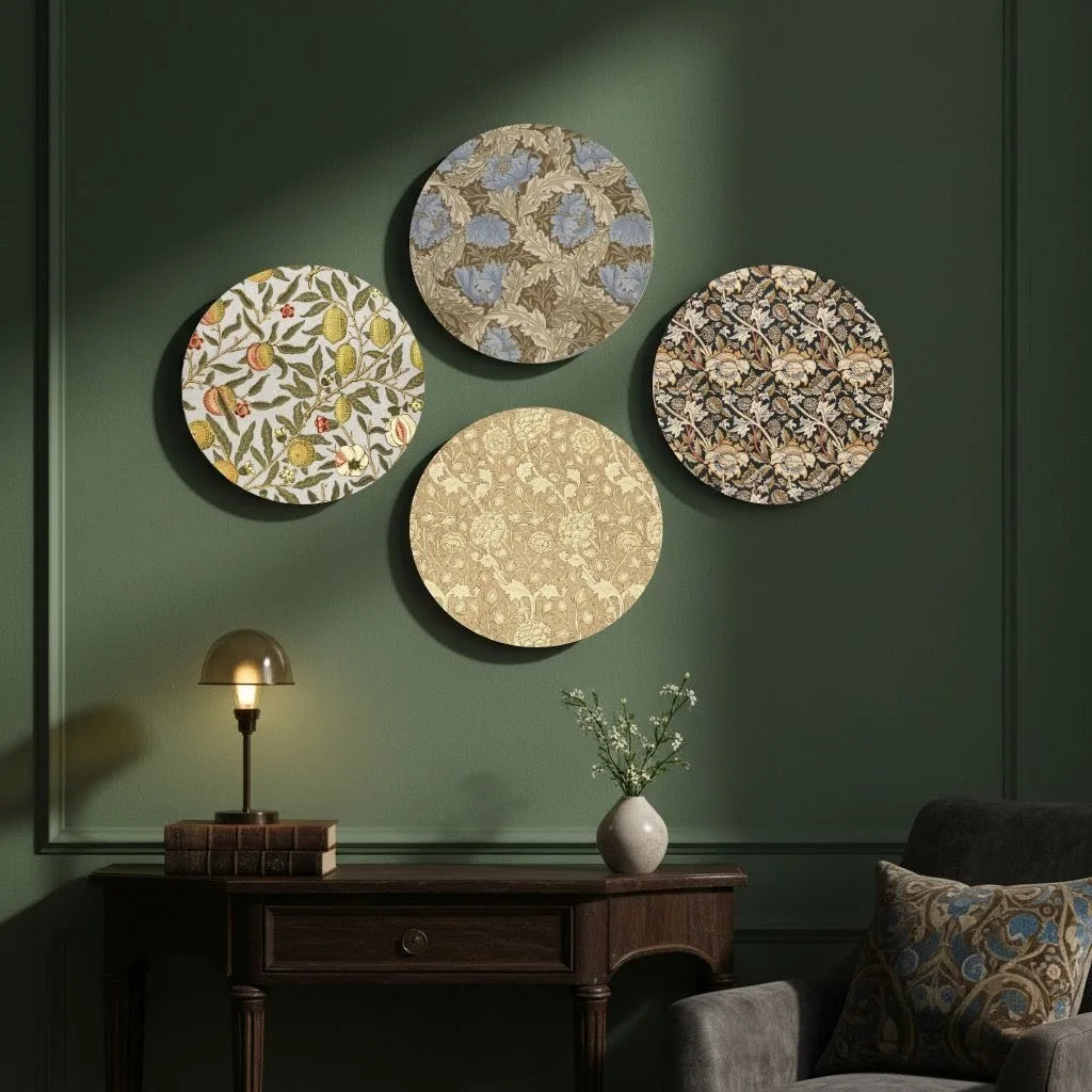 Classic Botanical Heritage Wall Plates Set of 4 | Victorian Arts & Crafts Pattern Decor