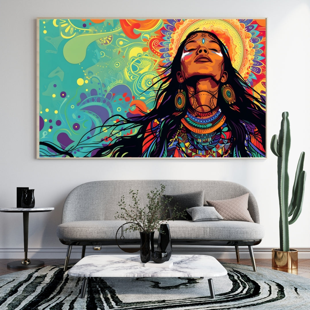 Vibrant Tribal Goddess Wall Art – Boho Spiritual Decor | Colorful Ethnic Woman Canvas Print for Living Room & Modern Home Interiors