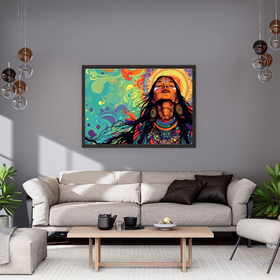 Vibrant Tribal Goddess Wall Art – Boho Spiritual Decor | Colorful Ethnic Woman Canvas Print for Living Room & Modern Home Interiors