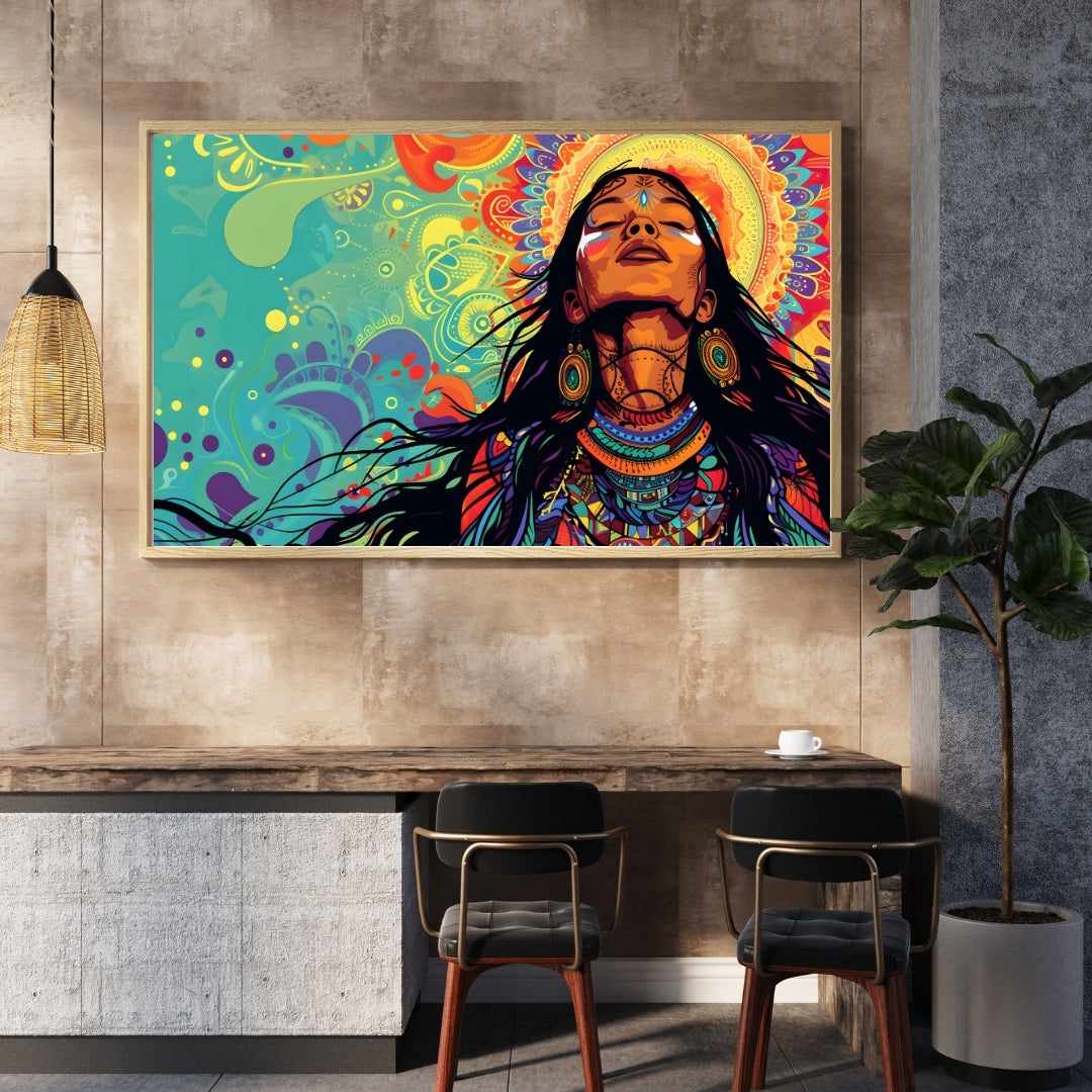 Vibrant Tribal Goddess Wall Art – Boho Spiritual Decor | Colorful Ethnic Woman Canvas Print for Living Room & Modern Home Interiors