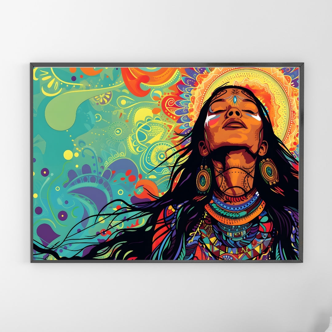 Vibrant Tribal Goddess Wall Art – Boho Spiritual Decor | Colorful Ethnic Woman Canvas Print for Living Room & Modern Home Interiors