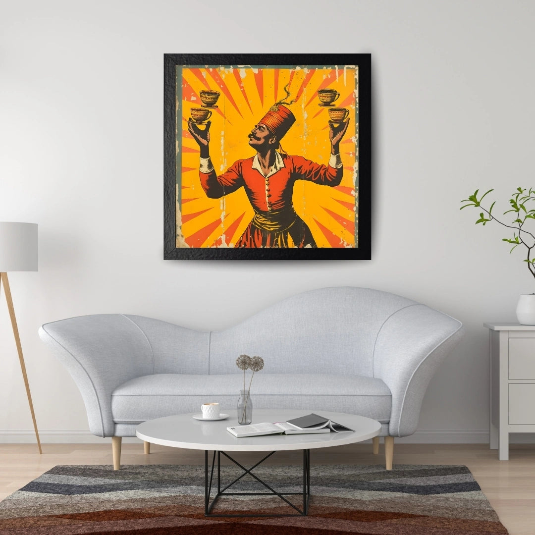 Vintage Chai Juggler Wall Art – 3x3 ft Retro Indian Poster Canvas | Bold Pop Art Tea Vendor Illustration | Made in India