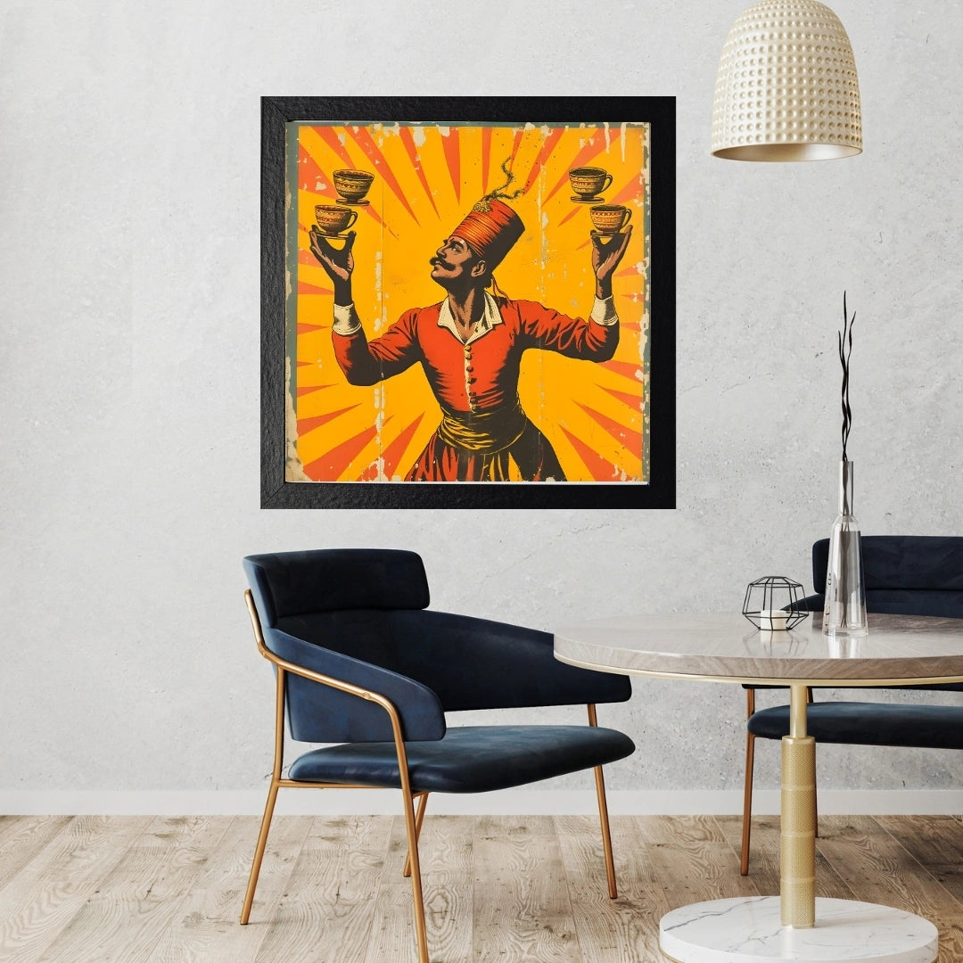 Vintage Chai Juggler Wall Art – 3x3 ft Retro Indian Poster Canvas | Bold Pop Art Tea Vendor Illustration | Made in India