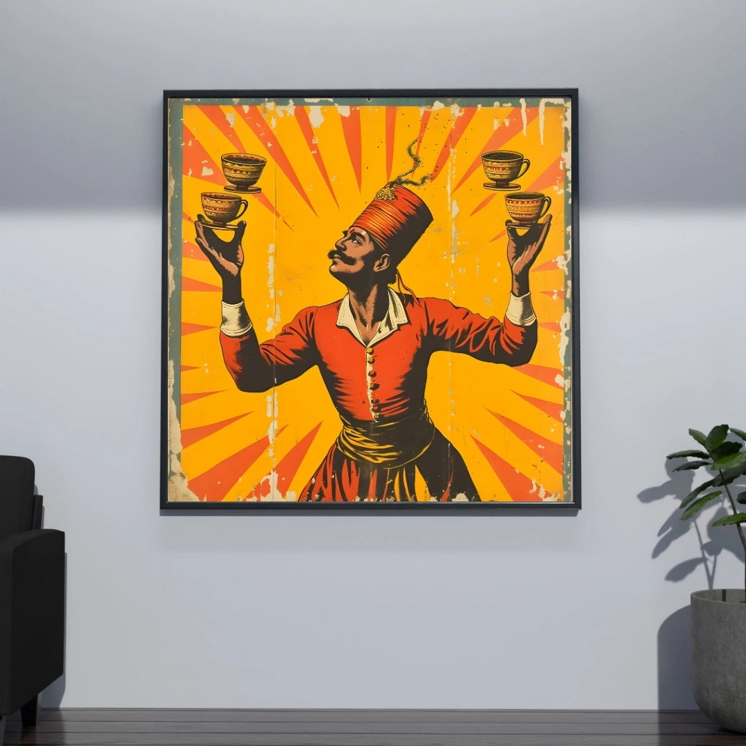 Vintage Chai Juggler Wall Art – 3x3 ft Retro Indian Poster Canvas | Bold Pop Art Tea Vendor Illustration | Made in India