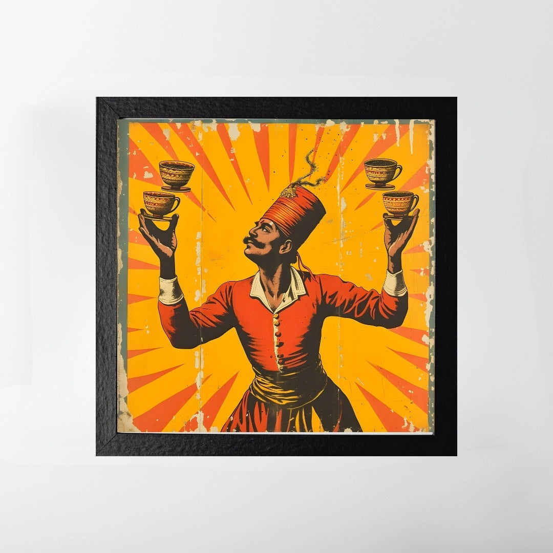 Vintage Chai Juggler Wall Art – 3x3 ft Retro Indian Poster Canvas | Bold Pop Art Tea Vendor Illustration | Made in India