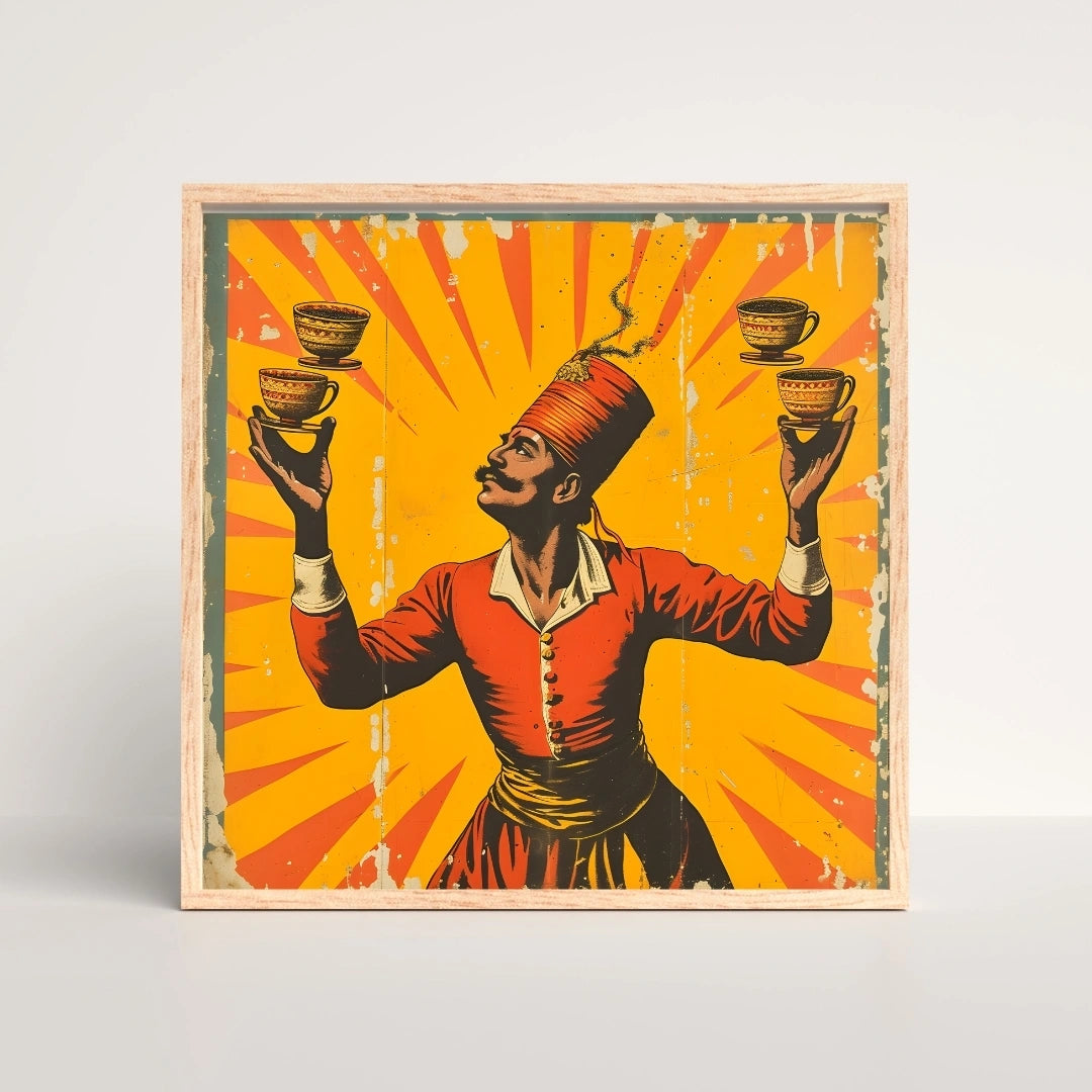 Vintage Chai Juggler Wall Art – 3x3 ft Retro Indian Poster Canvas | Bold Pop Art Tea Vendor Illustration | Made in India