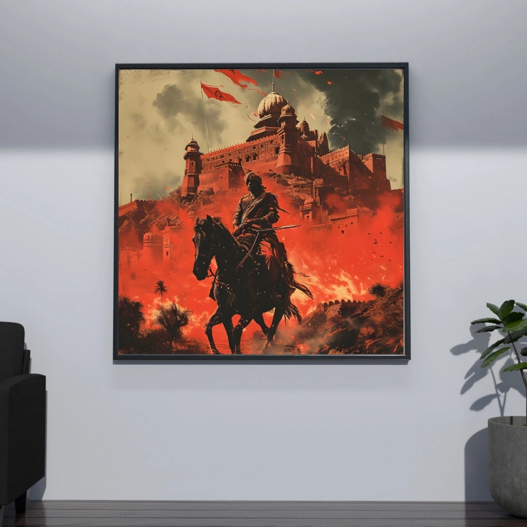 Warrior Fortress Battle Scene Wall Art – 3x3 ft Epic Indian History Canvas | Royal Warrior on Horse Artwork | Made in India