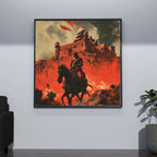 Warrior Fortress Battle Scene Wall Art – 3x3 ft Epic Indian History Canvas | Royal Warrior on Horse Artwork | Made in India