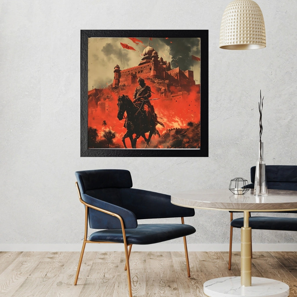 Warrior Fortress Battle Scene Wall Art – 3x3 ft Epic Indian History Canvas | Royal Warrior on Horse Artwork | Made in India