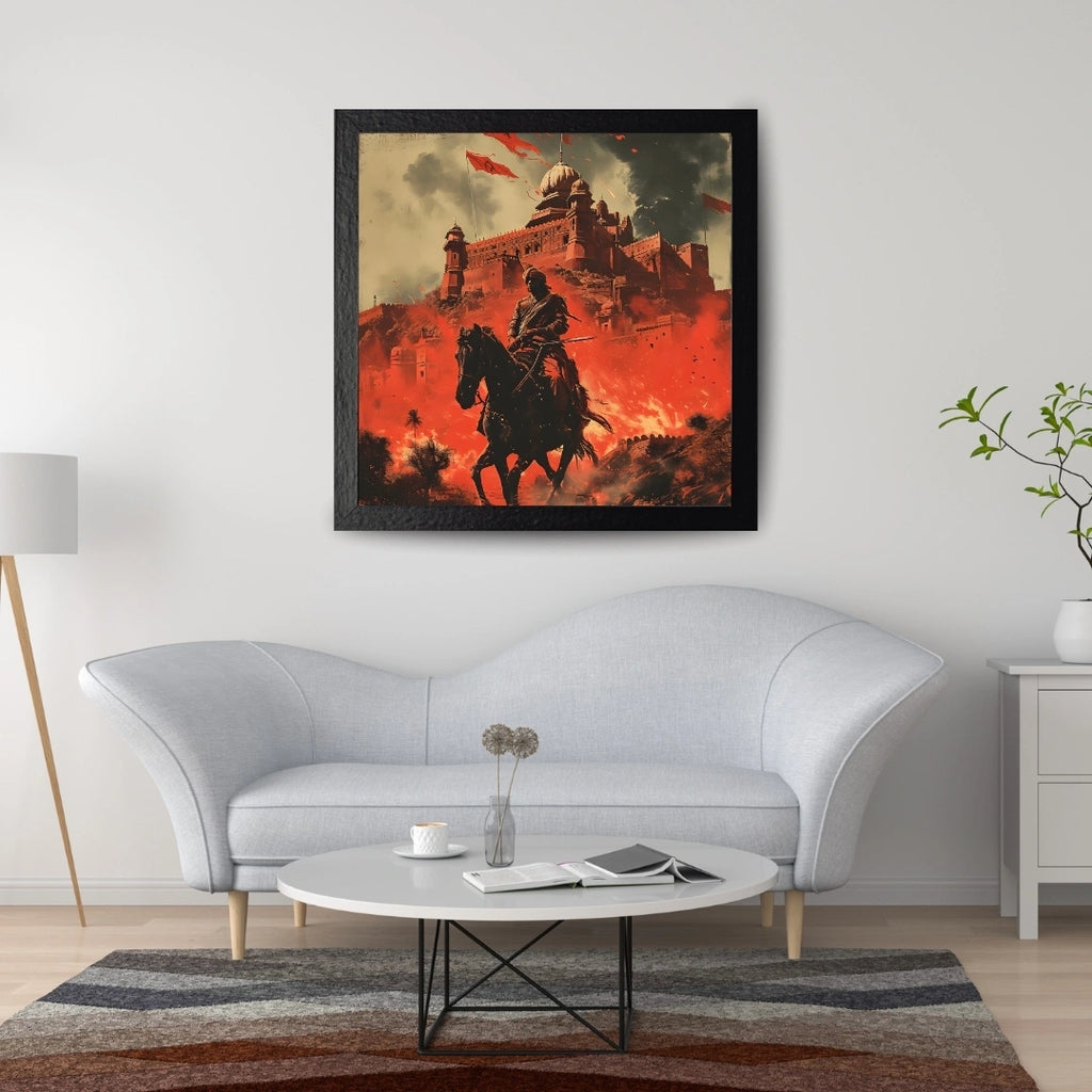 Warrior Fortress Battle Scene Wall Art – 3x3 ft Epic Indian History Canvas | Royal Warrior on Horse Artwork | Made in India