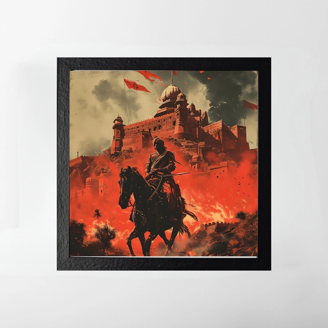 Warrior Fortress Battle Scene Wall Art – 3x3 ft Epic Indian History Canvas | Royal Warrior on Horse Artwork | Made in India
